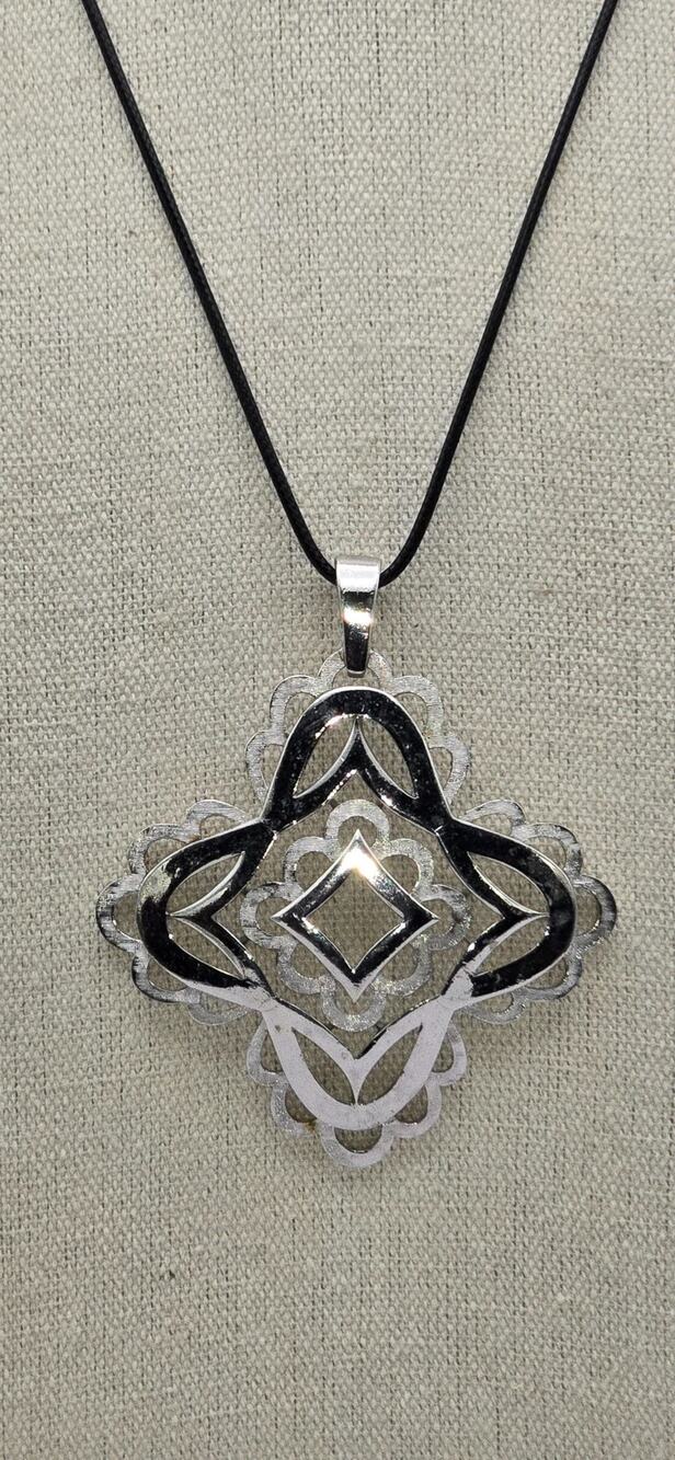 Geometric Silver & Black Enamel Statement Pendant Necklace – Boho Gothic Modern